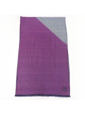 Hermes Cashmere Hlogo Leather Patch with Fringe Large Shawl Purple Navy Scarf